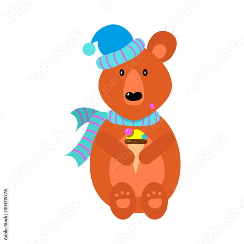 Cute brown bear in scarf and hat sitting with ice cream. Vector illustration isolated on white background