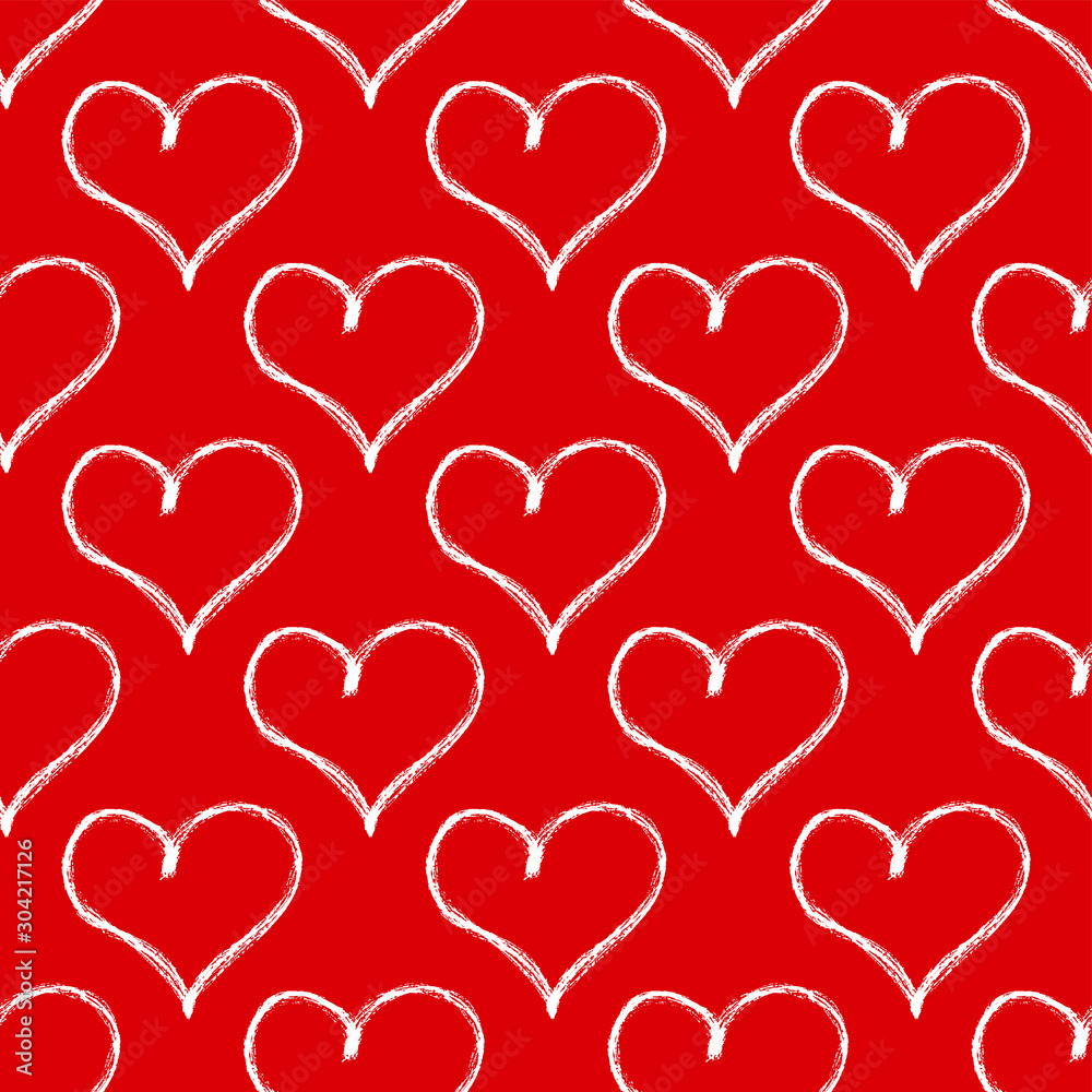 White contour isolated hearts on a red background. Seamless pattern. Vector drawing. Replaceable colors. Texture.