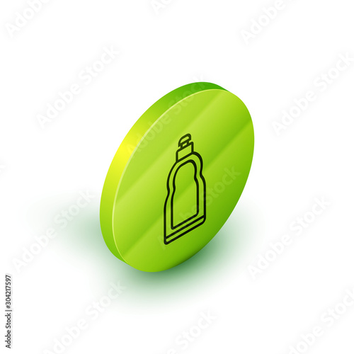 Isometric line Plastic bottle for liquid laundry detergent, bleach, dishwashing liquid or another cleaning agent icon isolated on white background. Green circle button. Vector Illustration
