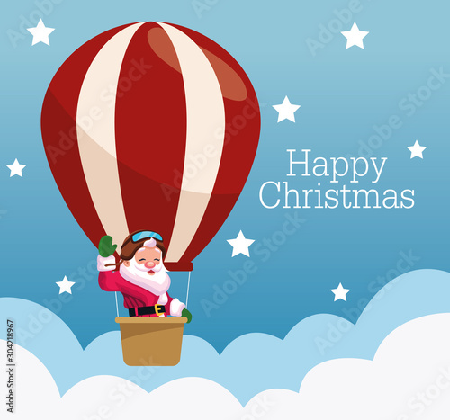 merry christmas card with santa claus in balloon air hot