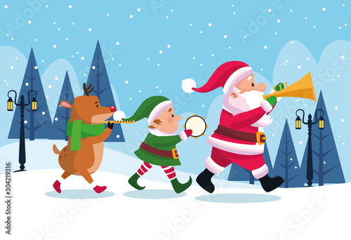 merry christmas card with characters playing instruments