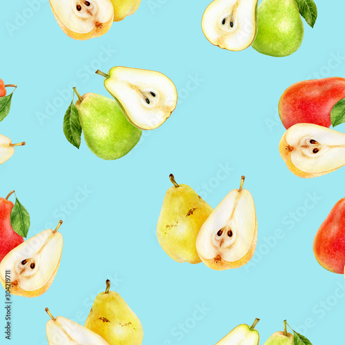 Pear fruit hand drawn watercolor illustration. Seamless pattern.