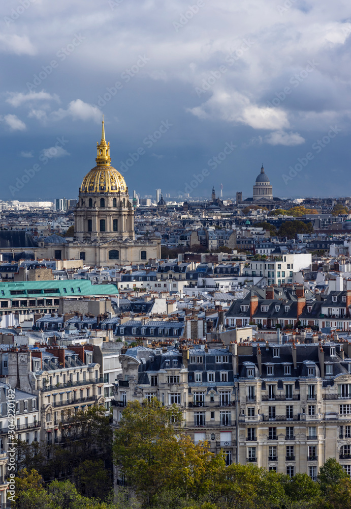 Two domes in Paris. Covered in gold belongs to Army Museum. In distance is Pantheon