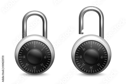 Vector 3d Realistic Closed, Opened Metal Steel Chrome Silver Padlock Icon Set Closeup Isolated on White Background. Design Template of Lock for Protection Privacy Concept, Web and Mobile Apps, Logo