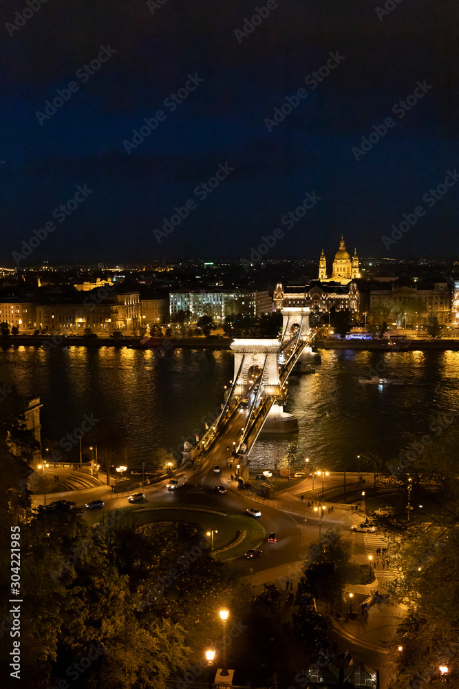 View from the funicular to the Chain Bridge, Budapest, Hungary.