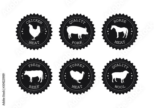 Vector flat black set bundle of retro round logo with domestic animals isolated on white background