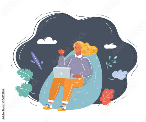 Woman sitting on beanbag with laptop.