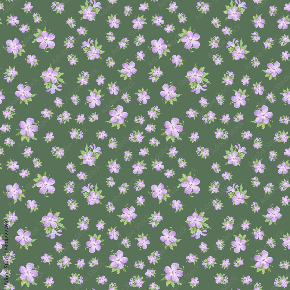 Seamless pattern of watercolor geranium flowers. Perfect for web design, cosmetics design, package, textile, wedding invitation, logo