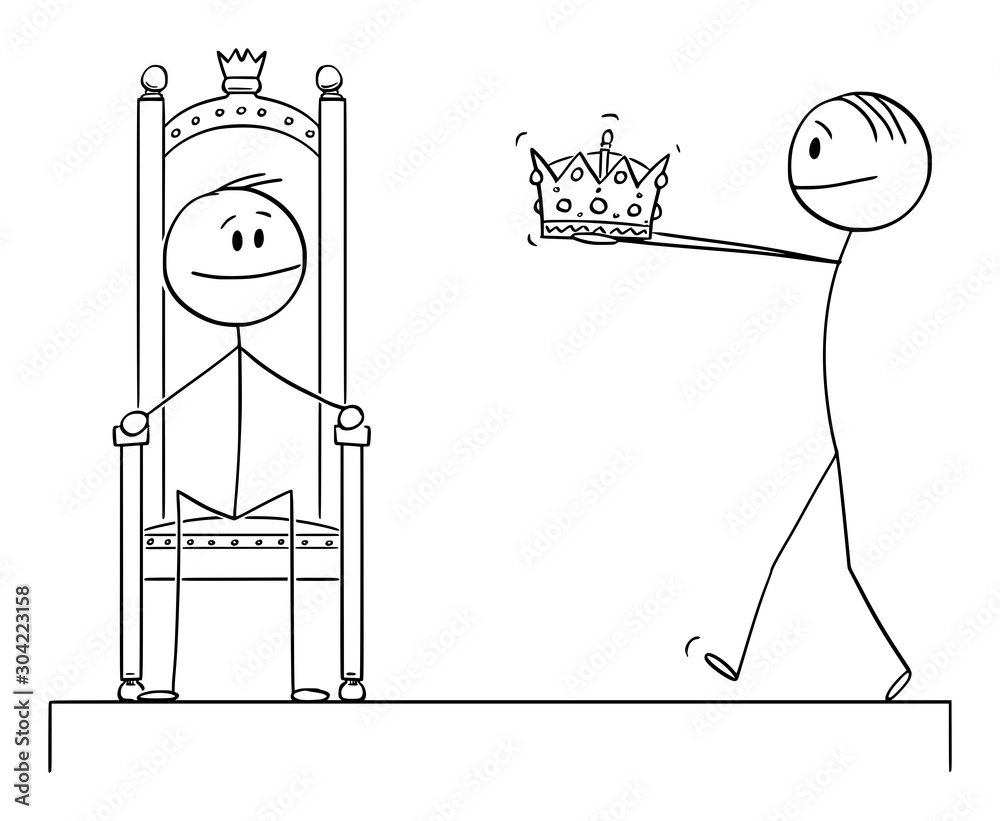 Vector cartoon stick figure drawing conceptual illustration of man giving  crown of king or kingdom during coronation or crowning ceremony to man  sitting on throne . Stock Vector | Adobe Stock