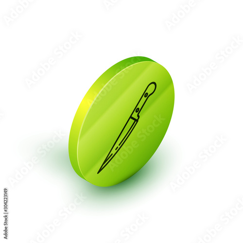 Isometric line Knife icon isolated on white background. Cutlery symbol. Green circle button. Vector Illustration