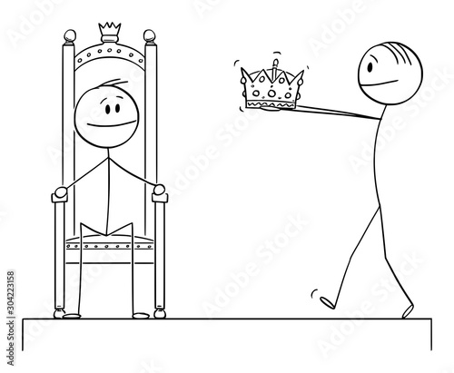 Vector cartoon stick figure drawing conceptual illustration of man giving crown of king or kingdom during coronation or crowning ceremony to man sitting on throne .