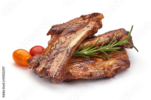 Bild auf Leinwand Grilled pork ribs, roasted meat with rosemary, isolated on white background