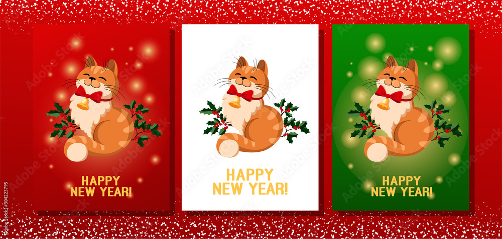 Vector illustration of a cute kitten with a bow and a bell. New year card, christmas poster. Cat, holiday illustration