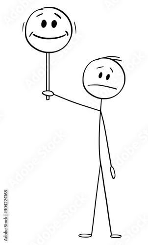 Vector cartoon stick figure drawing conceptual illustration of unhappy or frustrated man or businessman holding and showing happy face sign.