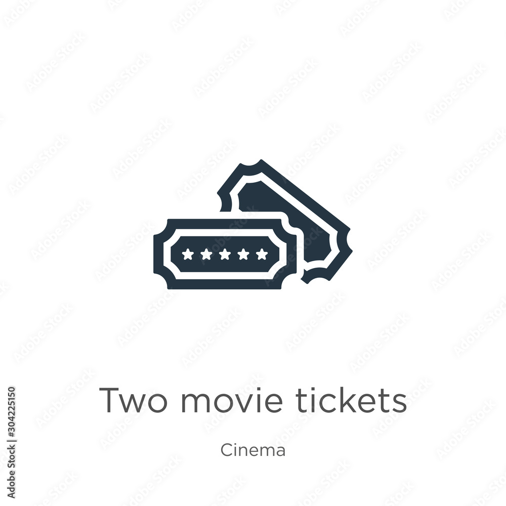 Two movie tickets icon vector. Trendy flat two movie tickets icon from cinema collection isolated on white background. Vector illustration can be used for web and mobile graphic design, logo, eps10 Two movie tickets icon vector. Trendy flat two movie tickets icon from cinema collection isolated on white background. Vector illustration can be used for web and mobile graphic design, logo, eps10
