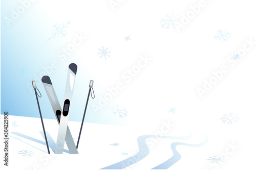 winter sport ski clear white background. copy space. snowflakes falling on top of mountain.vector illustration