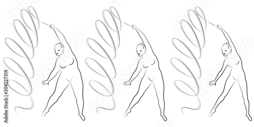 Collection. Silhouette of a cute lady, she is engaged in rhythmic gymnastics with a ribbon. The woman is overweight. Slender girl athlete. Vector illustration set