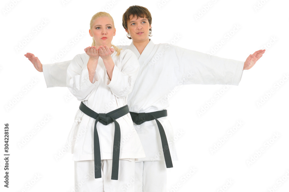 Strong blonde girl and the impudent karate guy