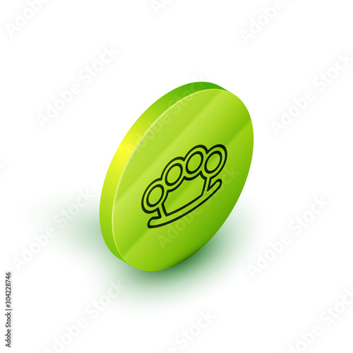 Isometric line Brass knuckles icon isolated on white background. Green circle button. Vector Illustration