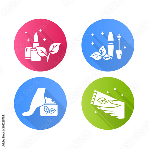 Organic cosmetics flat design long shadow glyph icons set. Lipstick. Mascara tube. Foot cream, lotion. Eco makeup items, beauty products. Paraben free. Vector silhouette illustration