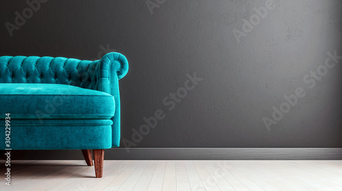 Living room dark grey interior wall mock up with turquoise blue colored velvet sofa, empty grey wall with free space on the right, 3D render, 3D illustration photo