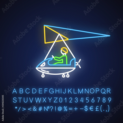 Ultralight aviation neon light icon. Micro lighting. Air extreme sport. Microlight trick. Stunt flying. Ultra light aeroplane flights. Glowing alphabet, numbers. Vector isolated illustration