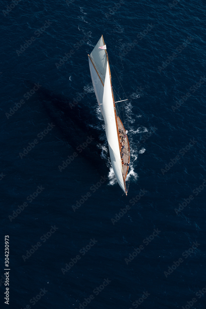 French Riviera - tuiga from front sail race straight above aerial view in St -Tropez