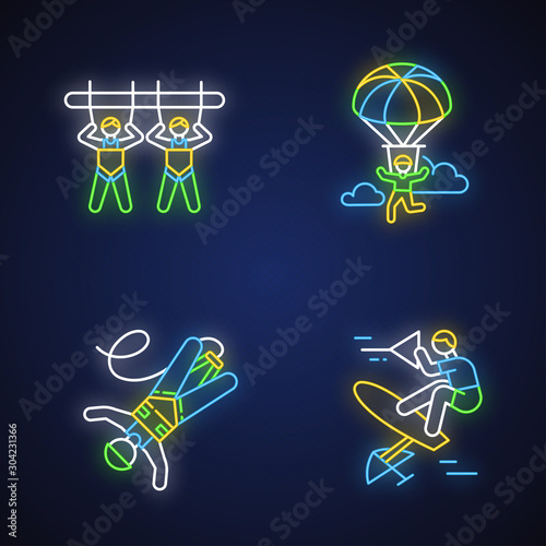 Air extreme sport neon light icons set. Giant swing, parachuting, bungee jumping and wakeboarding. Outdoor activities. Adrenaline entertainment and risky recreation. Vector isolated illustrations