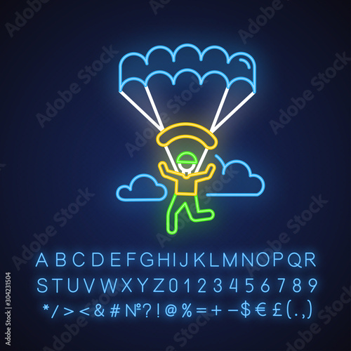 Paragliding neon light icon. Parachuting , paratrooping. Air extreme sport. Skydiving, hang gliding. Flights in sky and jumps with parachute. Glowing alphabet, numbers. Vector isolated illustration