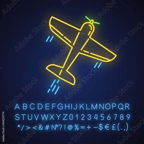 Aerobatics neon light icon. Aerobatic maneuvers and stunt flying. Airforce show with plane. Aviation, aircraft performance. Airplanes tricks. Glowing alphabet, numbers. Vector isolated illustration