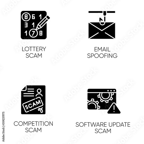 Scam types glyph icons set. Lottery, competition fraudulent scheme. Email spoofing. Software update trick. Malware. Cybercrime. Illegal money gain. Silhouette symbols. Vector isolated illustration