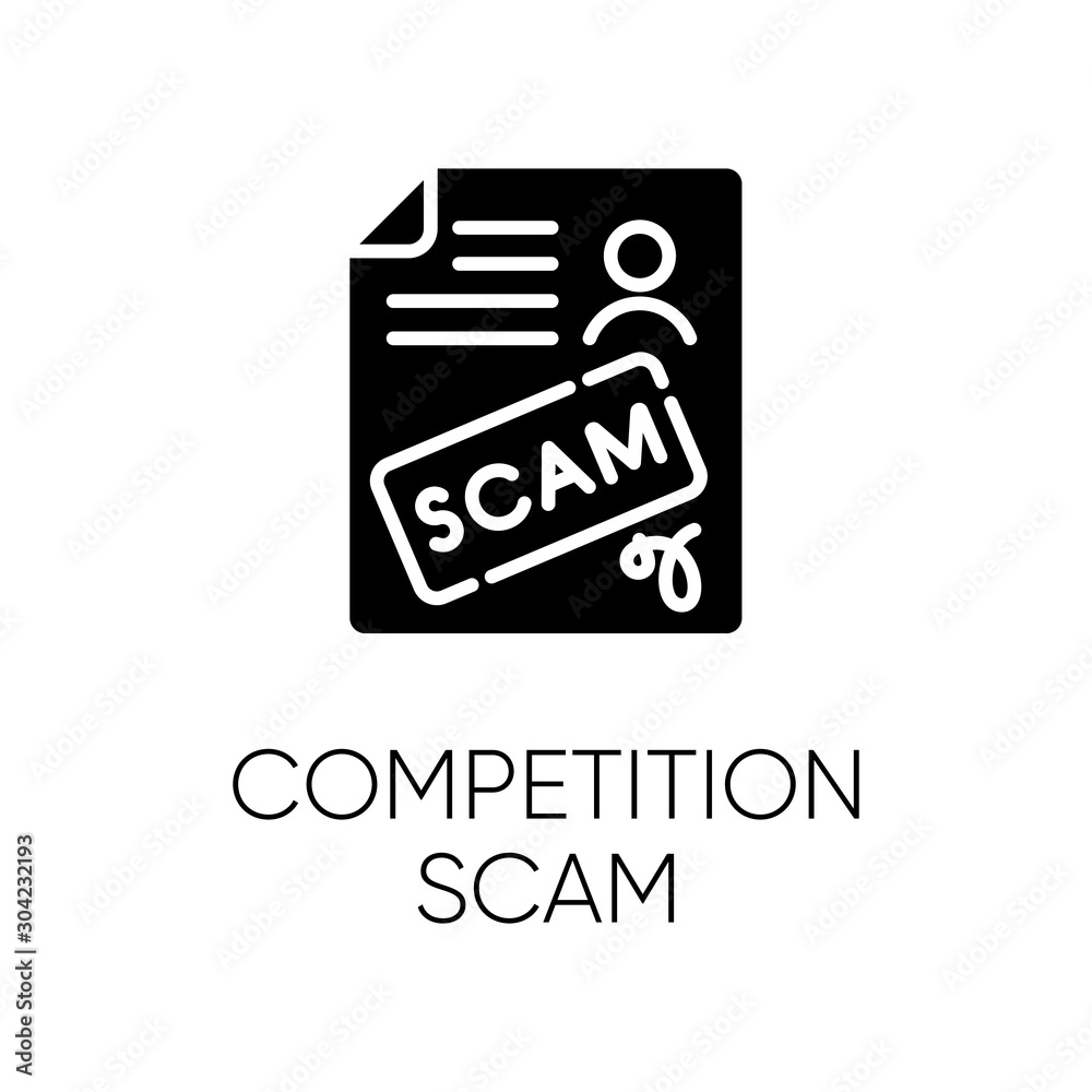 Competition scam glyph icon. Money deposit fraud. Fake prize scamming. Upfront payment. Financial scamming. Fraudulent scheme. Silhouette symbol. Negative space. Vector isolated illustration Competition scam glyph icon. Money deposit fraud. Fake prize scamming. Upfront payment. Financial scamming. Fraudulent scheme. Silhouette symbol. Negative space. Vector isolated illustration