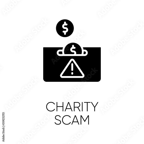 Charity scam glyph icon. Sham charity. Fake donation request. False fundraiser. Money theft. Online fraud. Cybercrime. Silhouette symbol. Negative space. Vector isolated illustration
