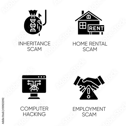 Scam types glyph icons set. Inheritance, home rental fraudulent scheme. Computer hacking. Employment scamming. Cybercrime. Financial scamming. Silhouette symbols. Vector isolated illustration