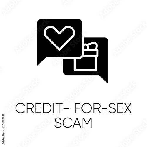 Credit-for-sex scam glyph icon. Sexual favours. Dating, hookup fraud. Internet, web love scam. Cyber extortion. Fraudulent scheme. Silhouette symbol. Negative space. Vector isolated illustration