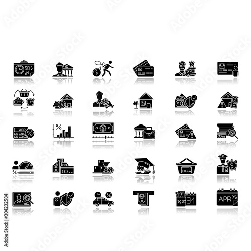 Credit drop shadow black glyph icons set. Student loan. Borrowing from retirement. Creditworthiness. Heavy credit card debt. Retail, consumerism. APR calculator. Isolated vector illustrations