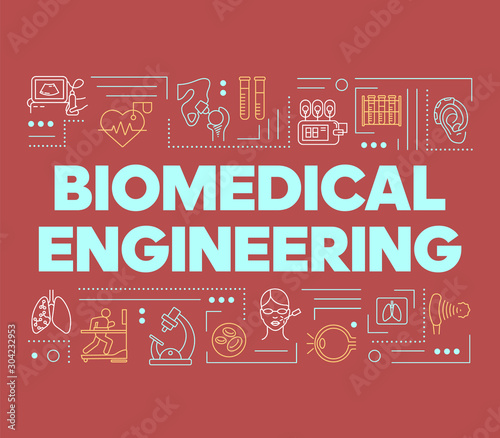 Biomedical engineering word concepts banner. Biotechnology for health. Healthcare development. Presentation, website. Isolated lettering typography idea with linear icons. Vector outline illustration