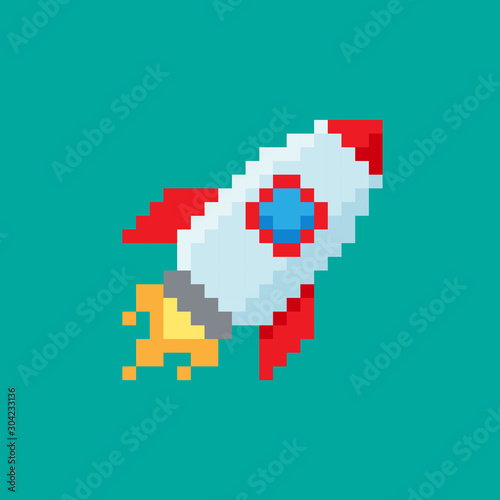 Rocket icon in retro game style. Pixel art. Vector illustration.