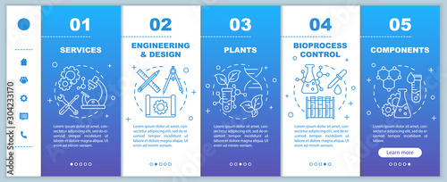 Bioengineering onboarding mobile web pages vector template. Services components. Responsive smartphone website interface idea with linear illustrations. Webpage walkthrough step screens. Color concept