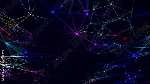 Fototapeta Naklejka Na Ścianę i Meble -  Abstract background with interweaving of colored lines and dots. Network connection structure. Data exchange. 3D