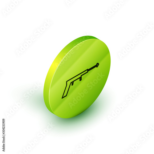 Isometric line Fishing harpoon icon isolated on white background. Fishery manufacturers for catching fish under water. Diving underwater equipment. Green circle button. Vector Illustration