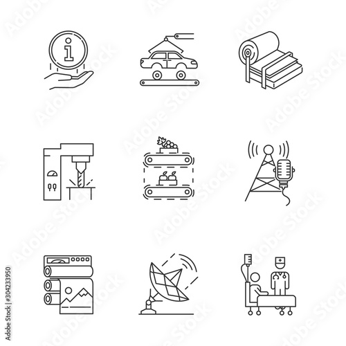 Industry types linear icons set. Information sign. Car, auto. Steel industry. Fruit supply. Broadcasting. Healthcare. Thin line contour symbols. Isolated vector outline illustrations. Editable stroke