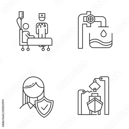 Industry types linear icons set. Healthcare services. Water supply. Life insurance. Shipbuilding production. Thin line contour symbols. Isolated vector outline illustrations. Editable stroke