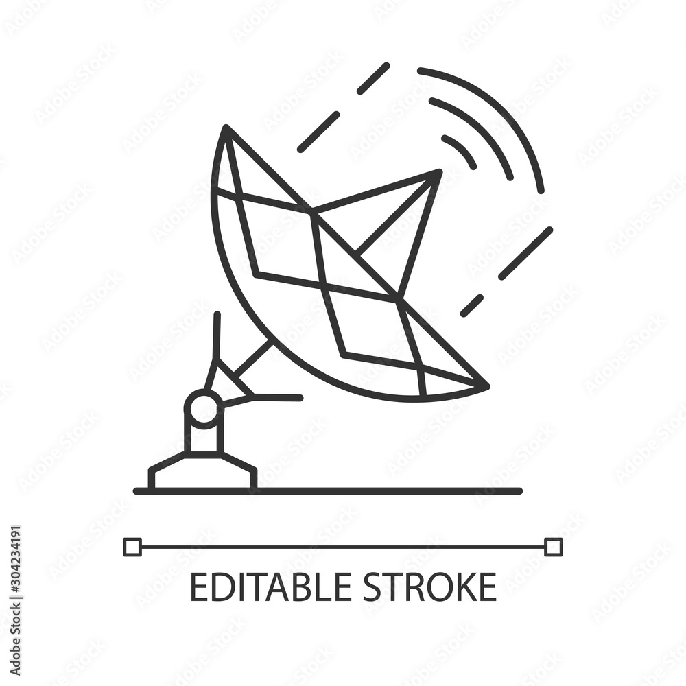Telecommunication industry linear icon. Global broadcasting satellite. Radio signal, frequency waves. Thin line illustration. Contour symbol. Vector isolated outline drawing. Editable stroke