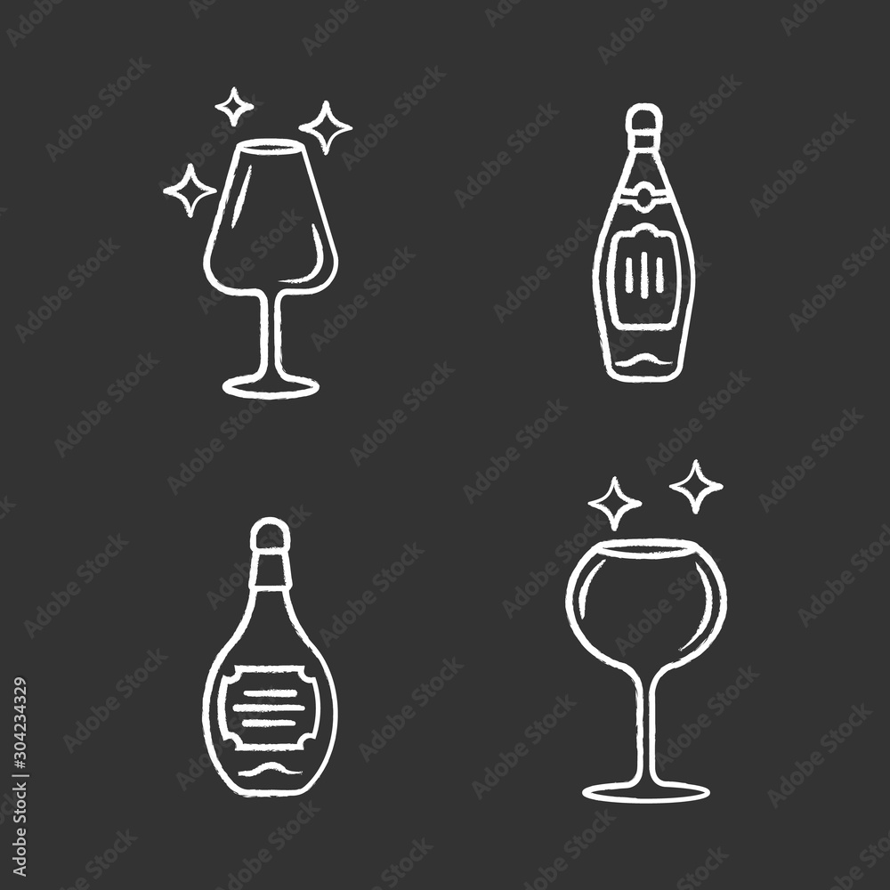 Alcohol drink glassware chalk icons set. Wine service elements. Crystal glasses shapes. Drinks and beverages types. Whiskey and bourbon bottles with labels. Isolated vector chalkboard illustrations