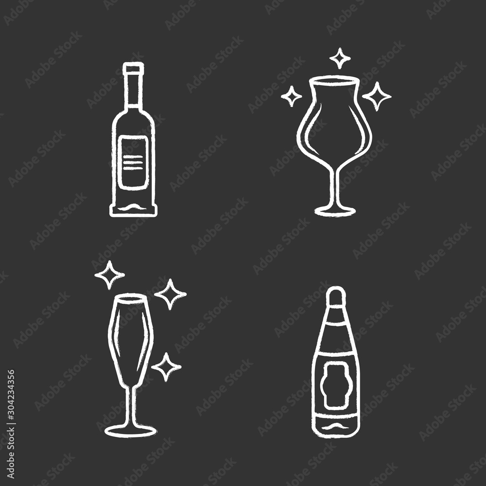 Alcohol drink glassware chalk icons set. Wine service elements. Crystal glasses shapes and types. Drinks and beverages types. Red wine bottles with labels. Isolated vector chalkboard illustrations Alcohol drink glassware chalk icons set. Wine service elements. Crystal glasses shapes and types. Drinks and beverages types. Red wine bottles with labels. Isolated vector chalkboard illustrations