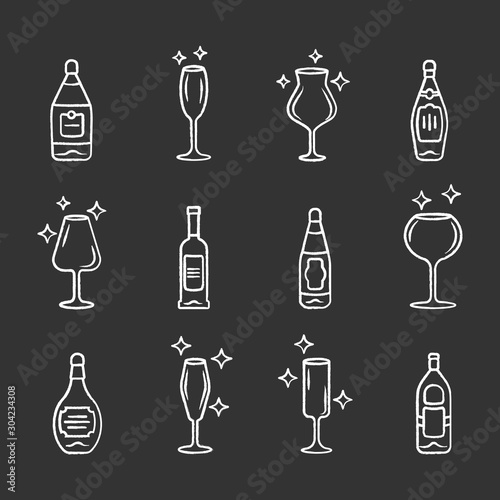 Alcohol drink glassware chalk icons set. Wine service elements. Crystal glasses shapes. Drinks and beverages types. Red wine and whiskey bottles with labels. Isolated vector chalkboard illustrations