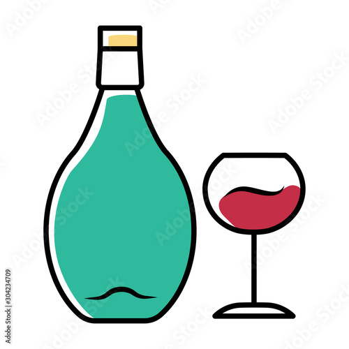 Wine turquoise color icon. Alcohol bar. Bottle and wineglass. Alcoholic beverage. Restaurant service. Glassware for red wine. Isolated vector illustration