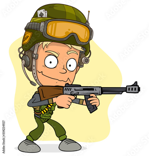 Cartoon cute funny army soldier with rifle in protective helmet. Layered vector for animations. Isolated on white background. Vector icon.