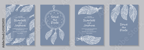 Set of ethnic wedding invitation design or card templates for business or presentation or greeting with white feathers and dream catcher on a blue background.